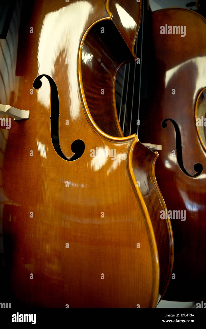 A closeup of cellos. Stock Photo