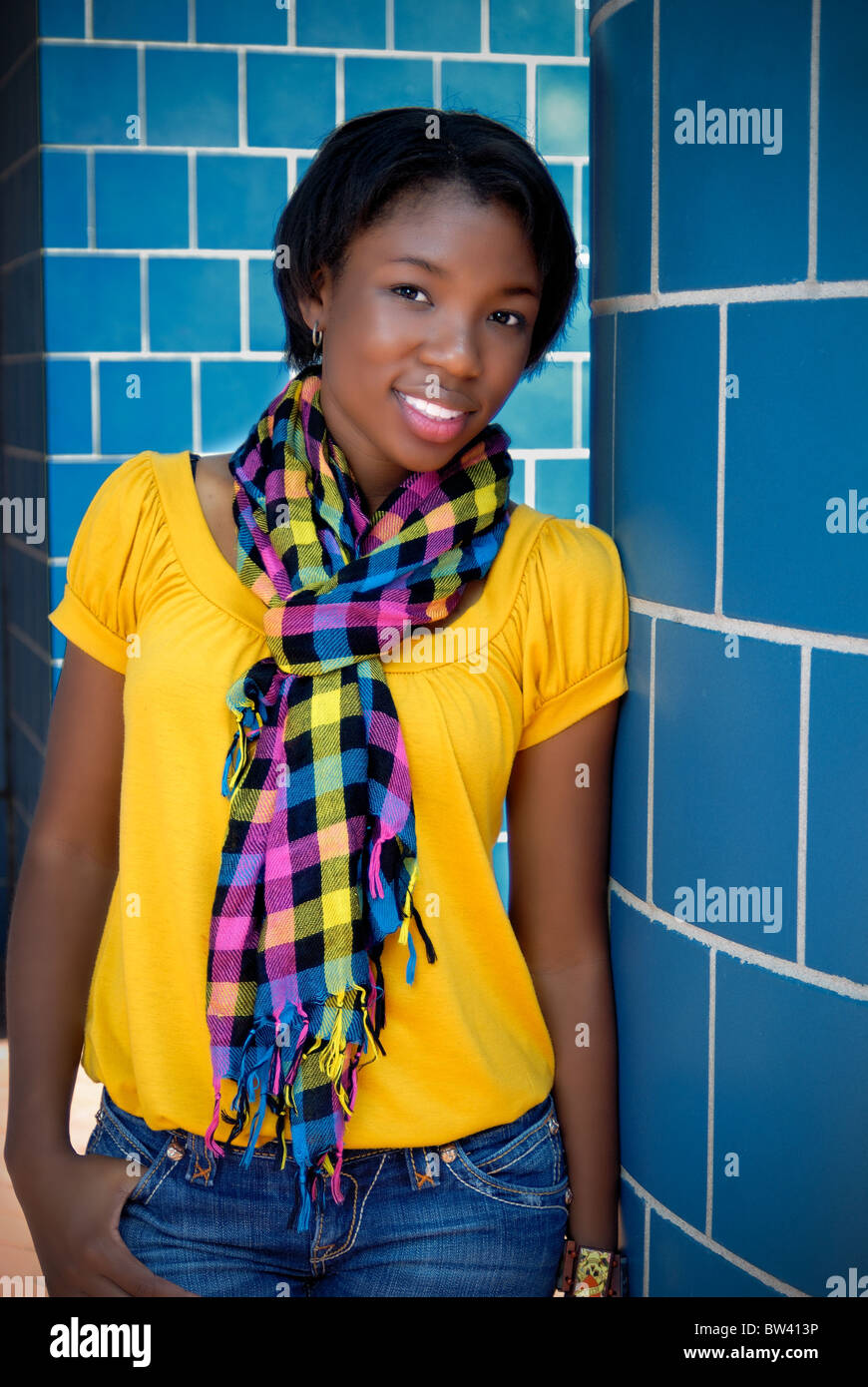 Portrait of a black African American young woman, a high school student ...