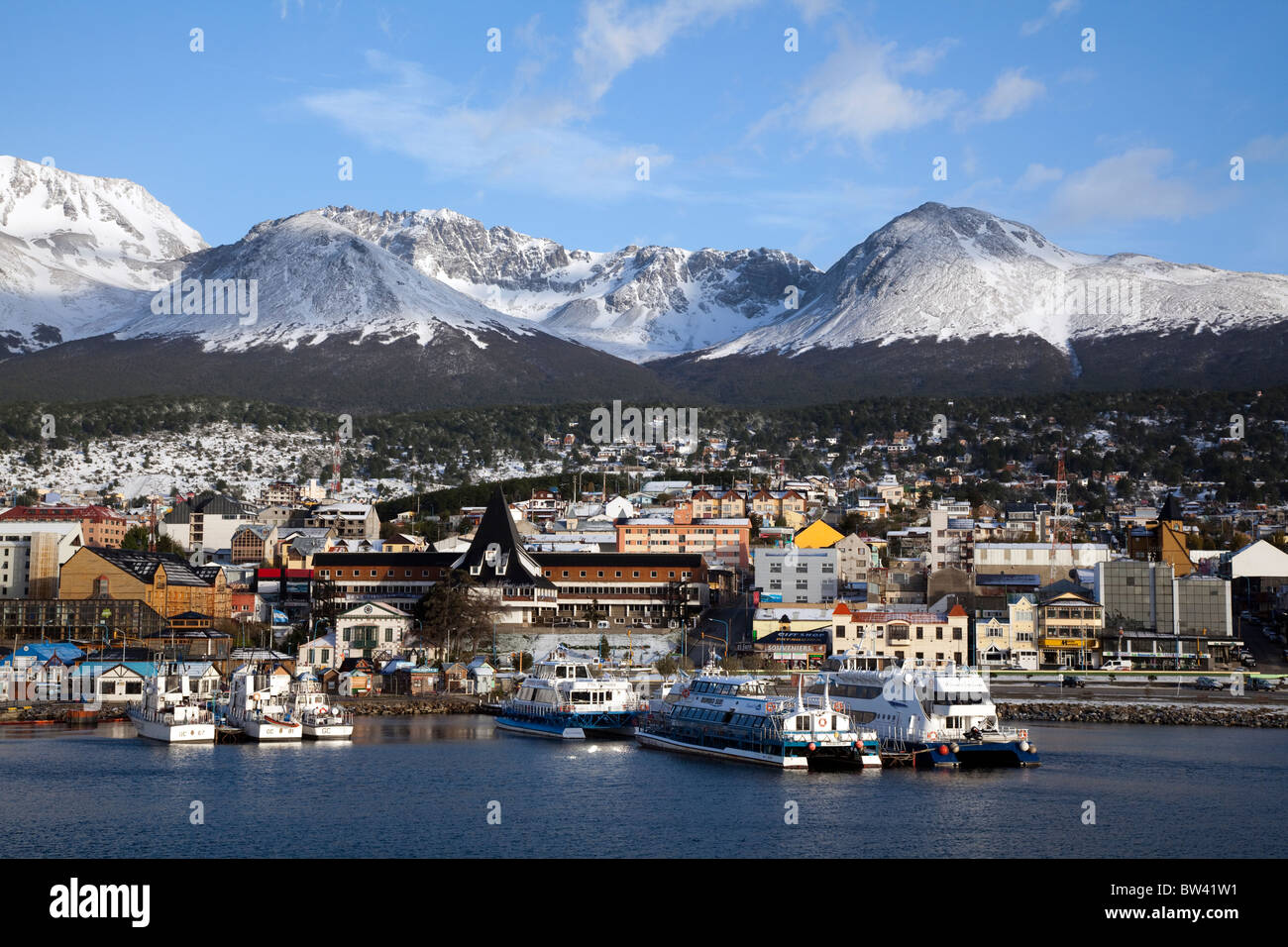 The pretty port town of Ushuaia, after a spring snowstorm, Tierra del Fuego, Argentina Stock Photo