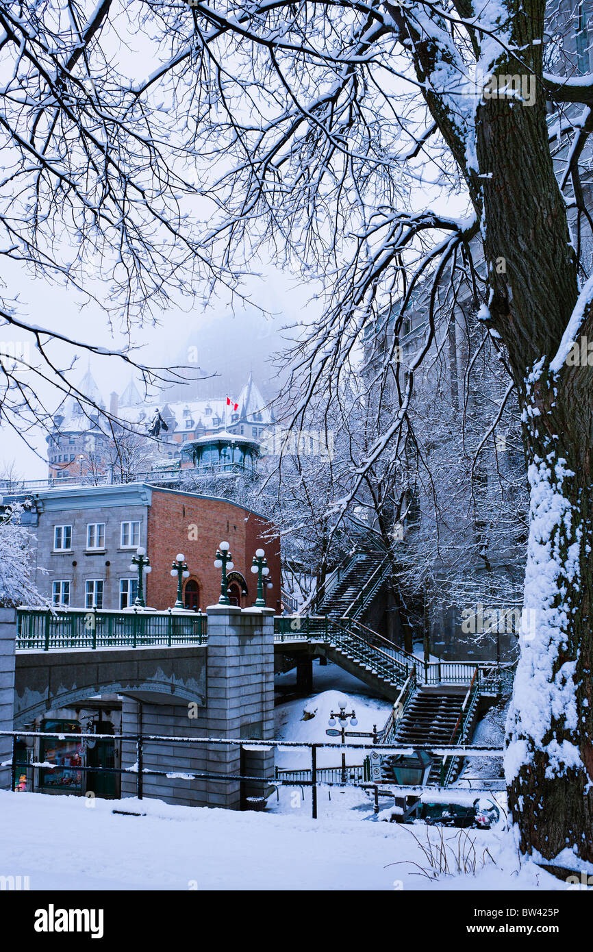 Snow-covered Quebec City with Chateau Frontenac in the background, Quebec Stock Photo