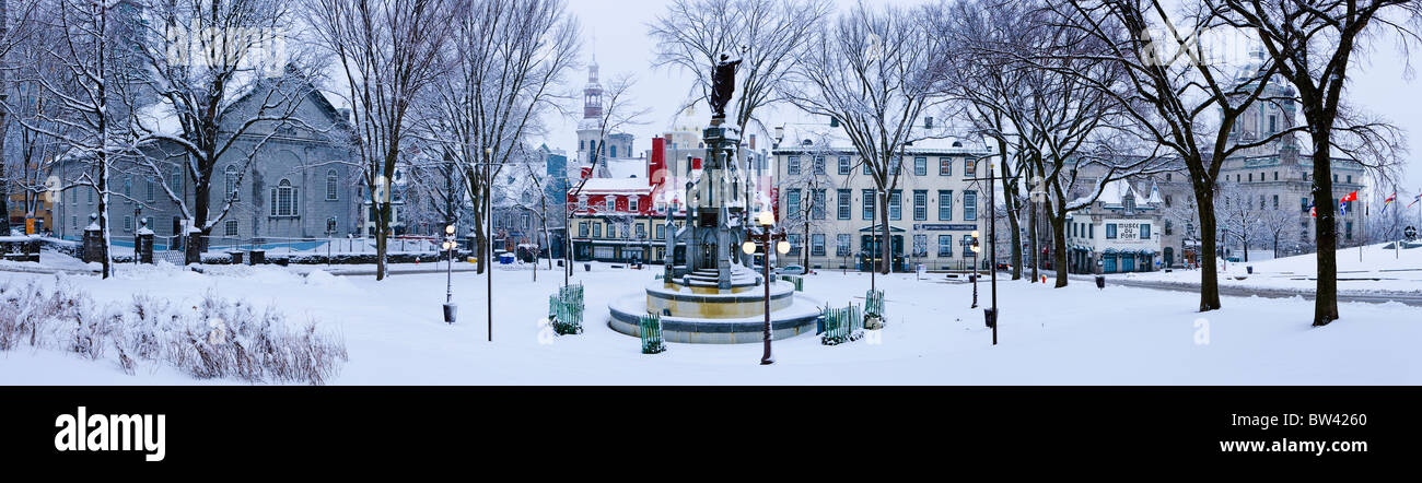 Panoramic of snow-covered park on Place d'Armes, Quebec City, Quebec Stock Photo