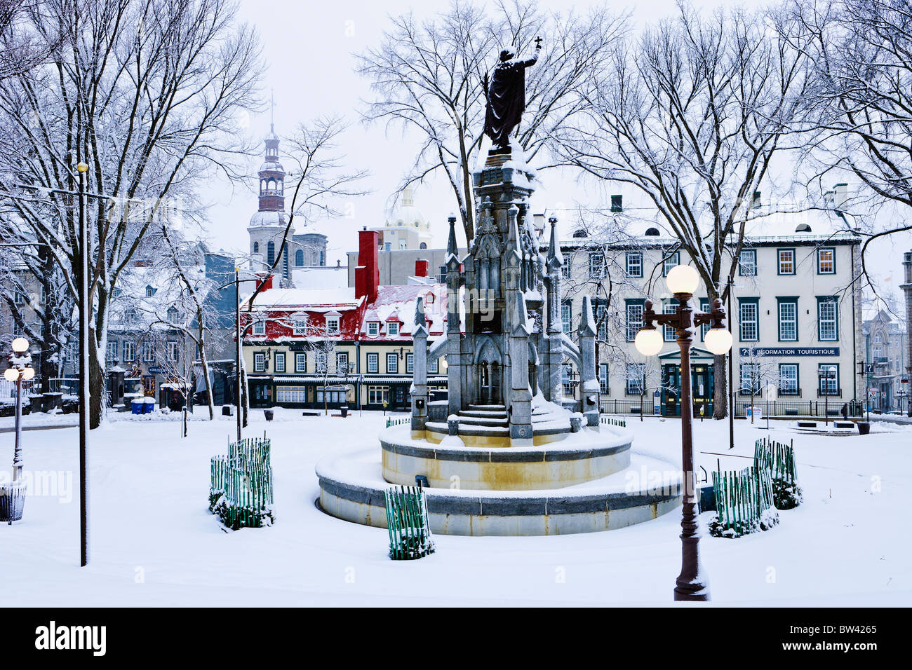 Snow-covered park on Place d'Armes, Quebec City, Quebec Stock Photo