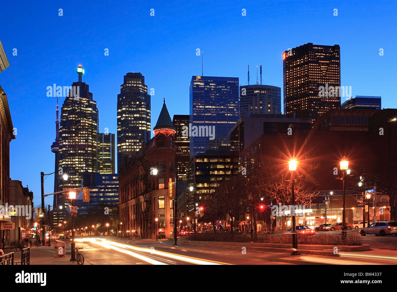 Night view of city from Front Street, Toronto, Ontario, Canada Stock Photo