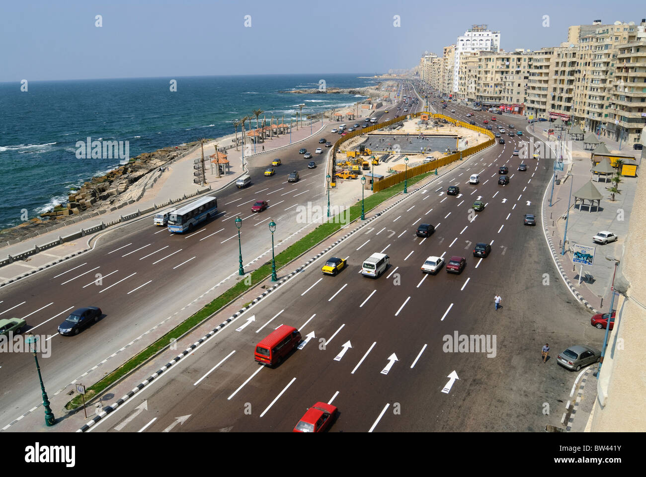 La Corniche is the main highway running along the seafront in Alexandria, Egypt. Stock Photo