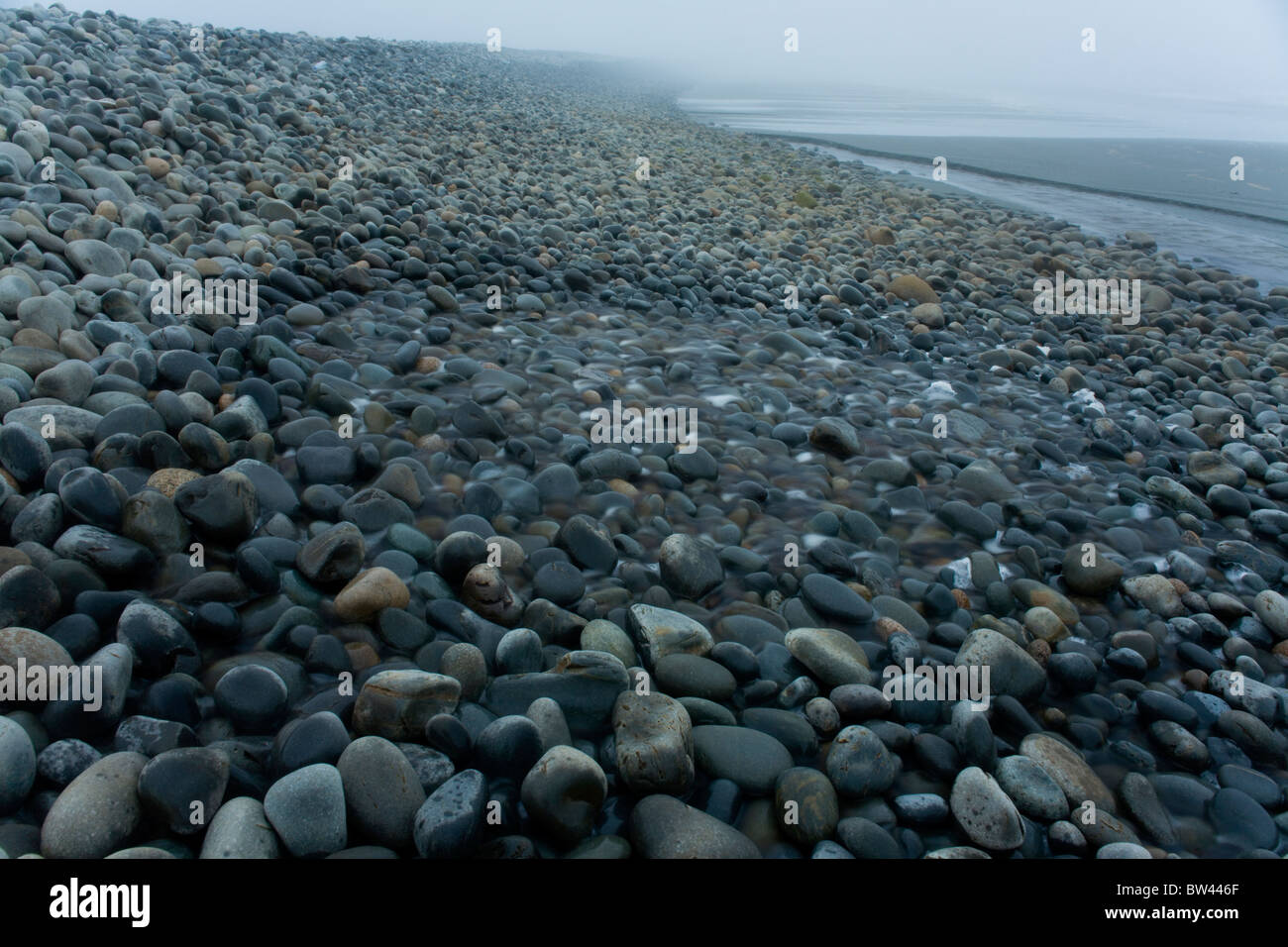 Water seeping through cobble barrier from coastal pond beach near Port Bickerton Lighthouse, eastern shore of Nova Scotia Stock Photo