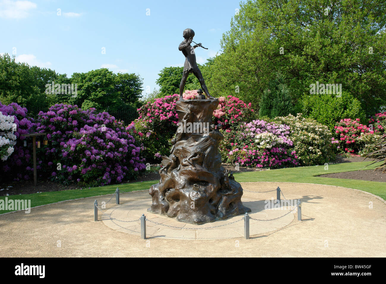 Statue of Peter Pan following restoration at the Conservation Centre and situated in Sefton Park, Liverpool, Merseyside, UK Stock Photo