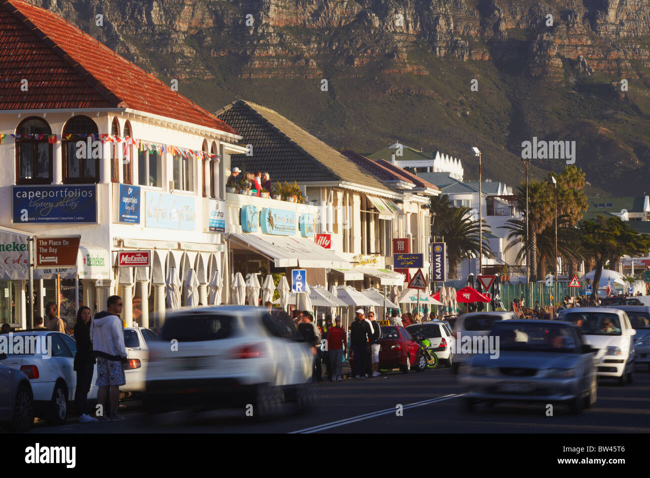 Restaurants on Victoria Road, Camps Bay, Cape Town, Western Cape, South Africa Stock Photo