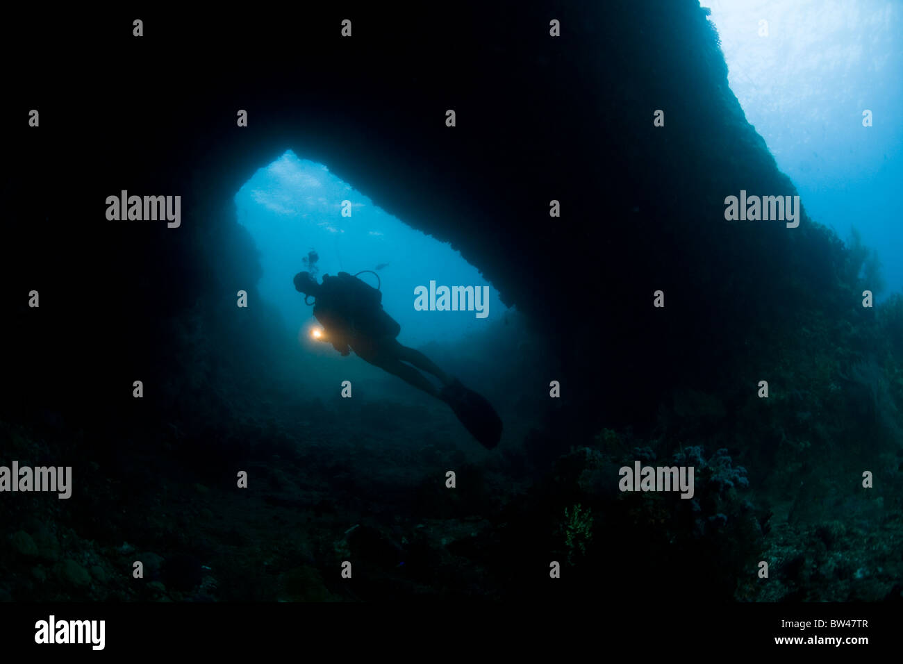 A scuba diver descends through a hole in the surrounding coral reef near the island of Misool in Raja Ampat, Indonesia. Stock Photo