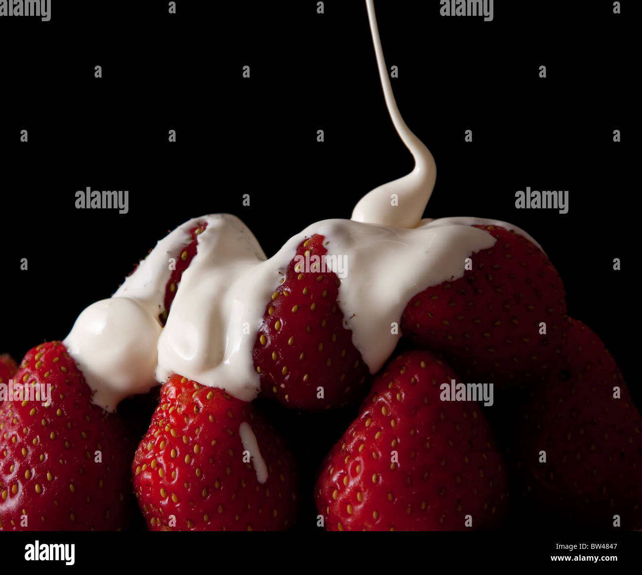 A thin stream of doublecream is being poured over some ripe