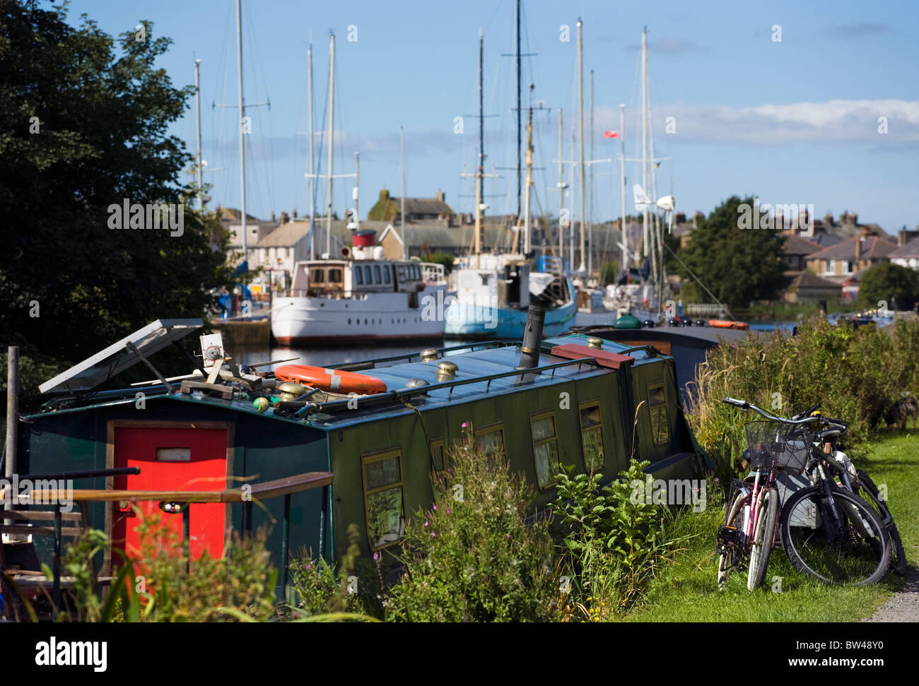 Narrow boat moored at Glasson Dock on the Lancaster Canal Stock Photo