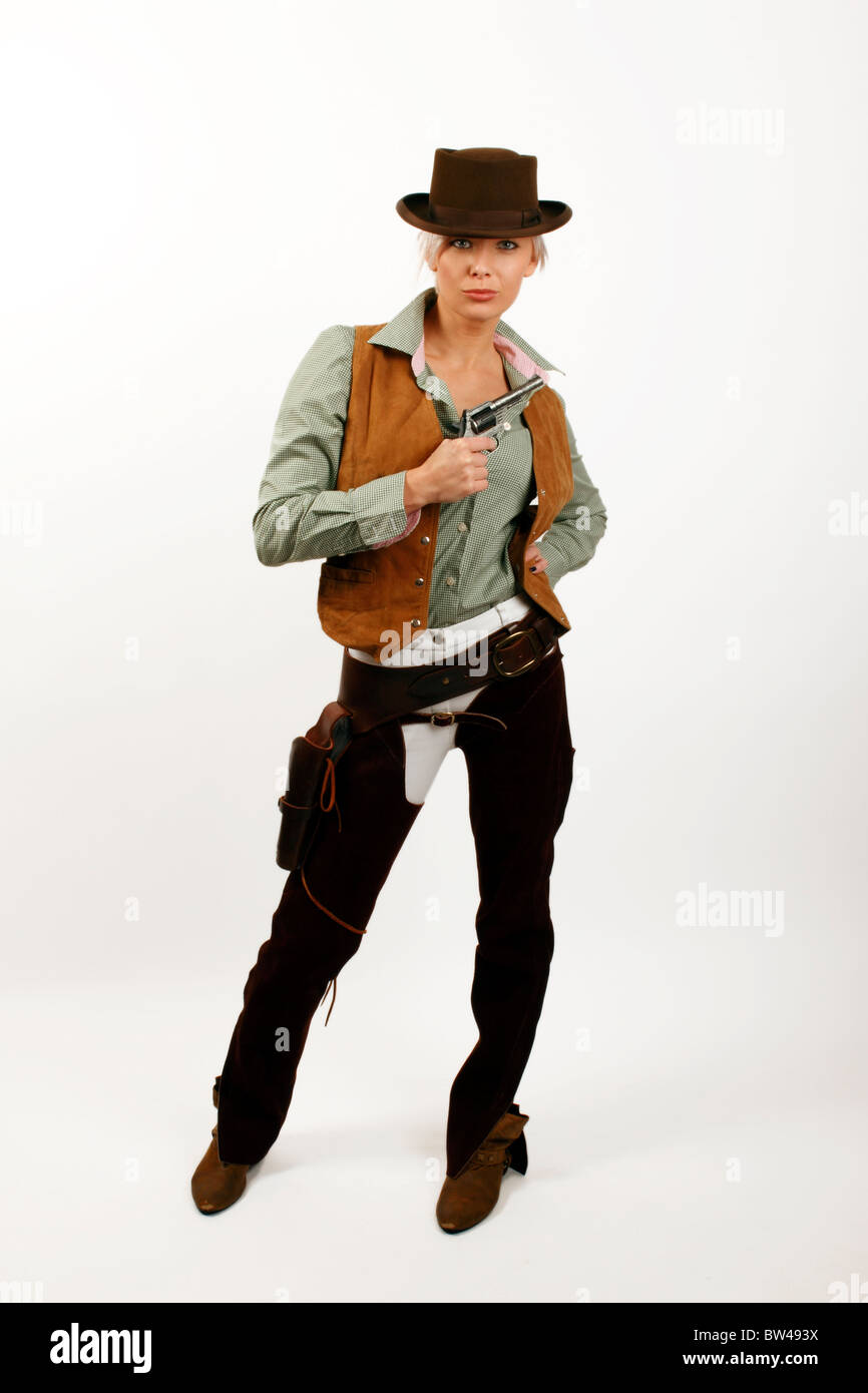 cowgirl with toy gun chaps and leather holster Stock Photo