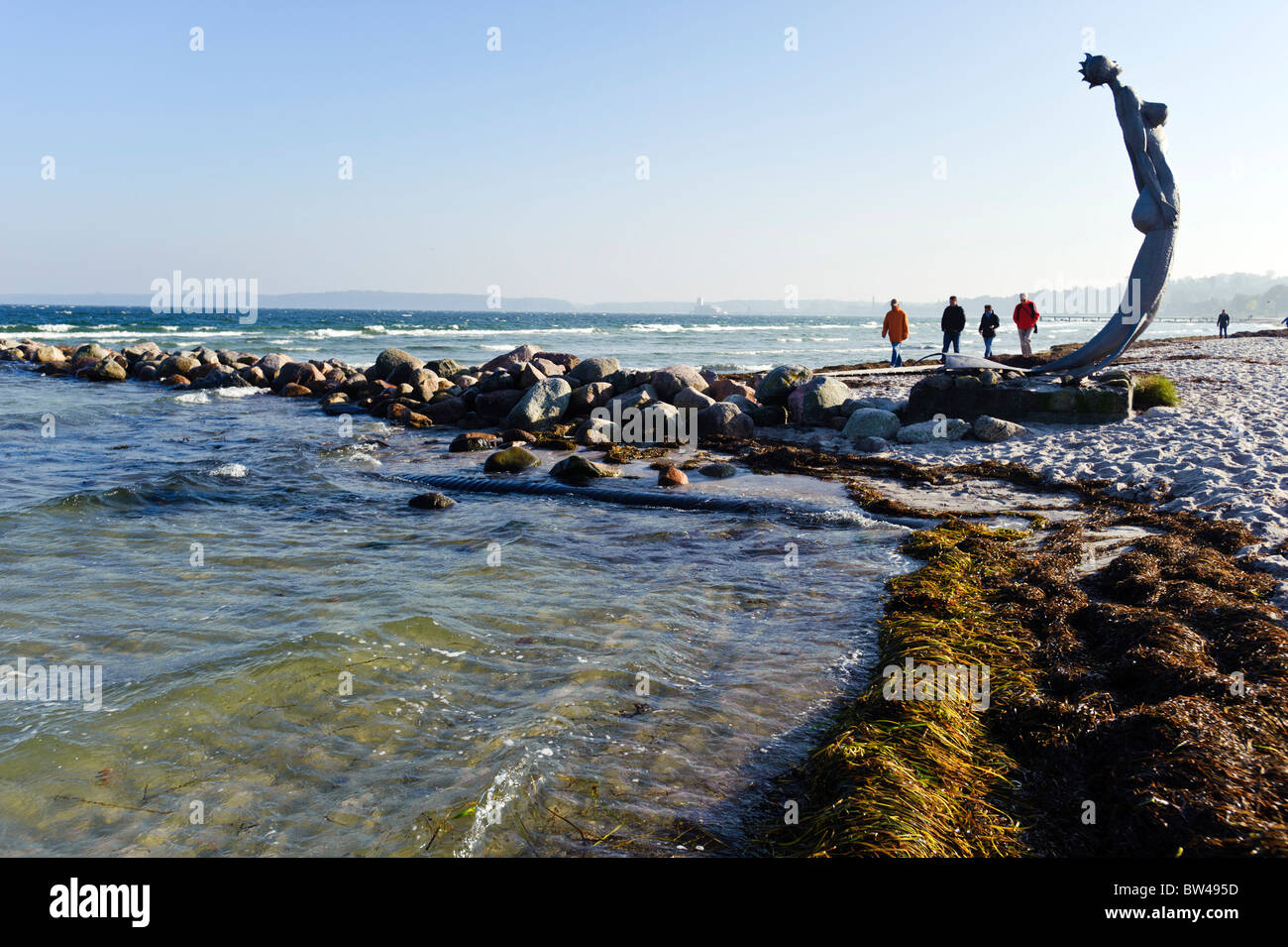 Mermaid, metal sculpture on the beach, Eckernfoerde, Schleswig-Holstein, Germany Stock Photo