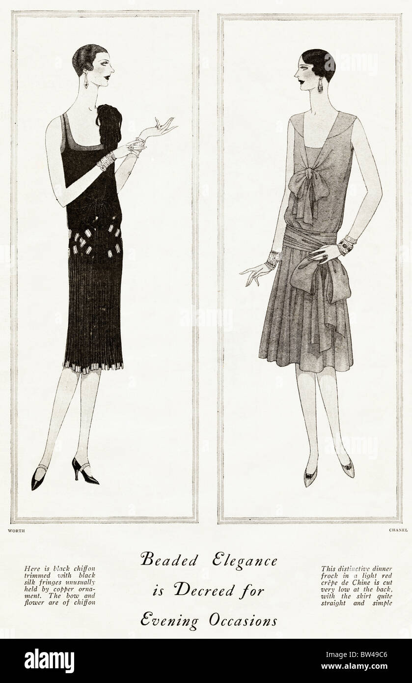 1928 magazine fashion Illustration of evening dresses by designers Worth &  Chanel Stock Photo - Alamy