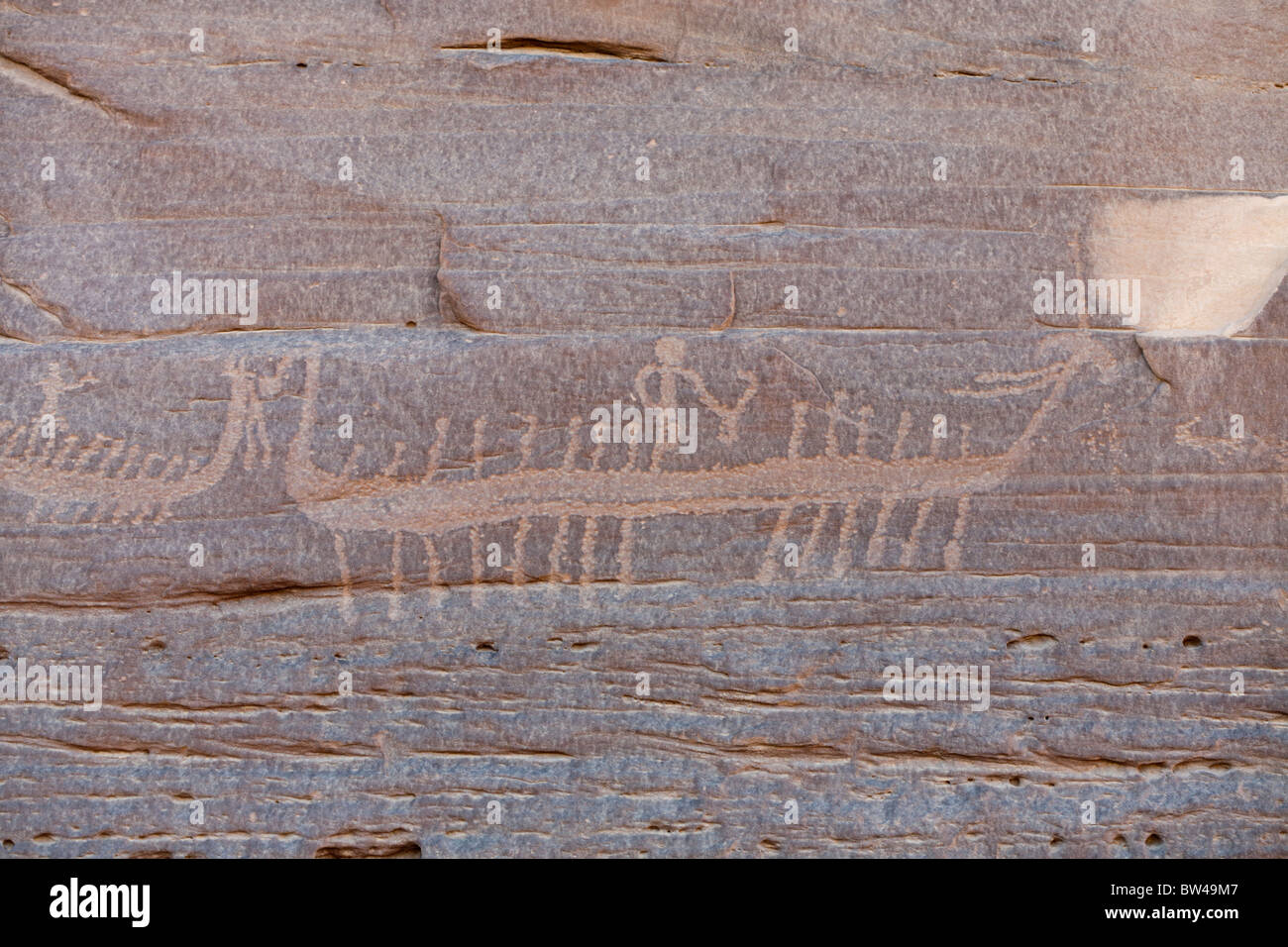 Petroglyph of high prowed boat with crew in the Wadi Umm Salam in Egypt's Eastern Desert Stock Photo