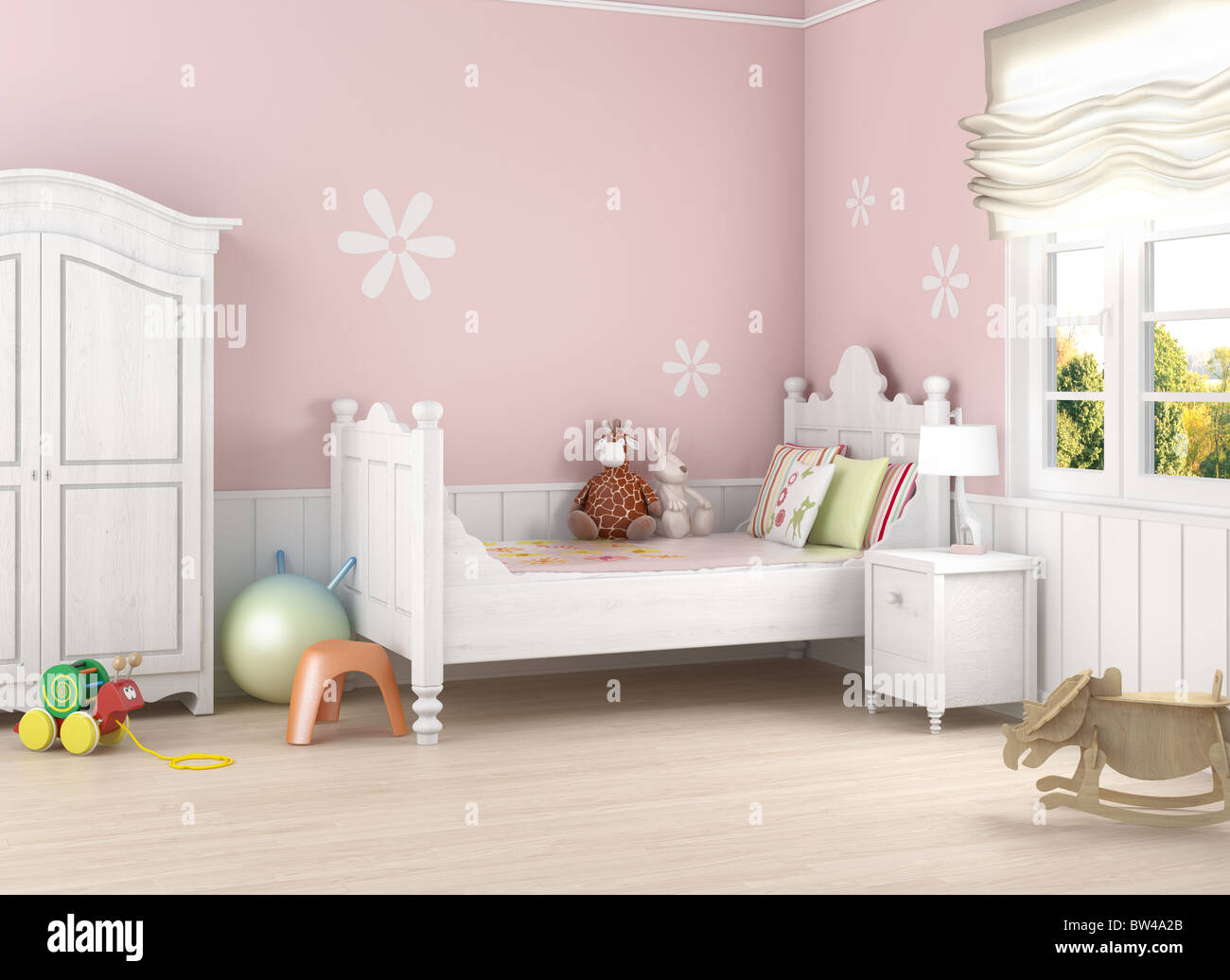 Girls´s room in pink walls with bed and toys on the floor Stock Photo