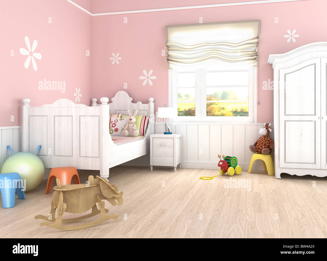 Girls´s room in pink walls with bed and toys on the floor Stock Photo