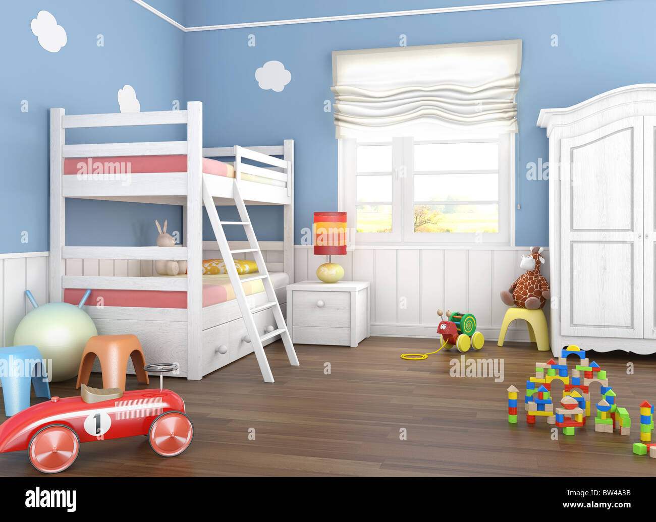 Children´s room in blue walls with bunkbed and lots of toys on the floor Stock Photo
