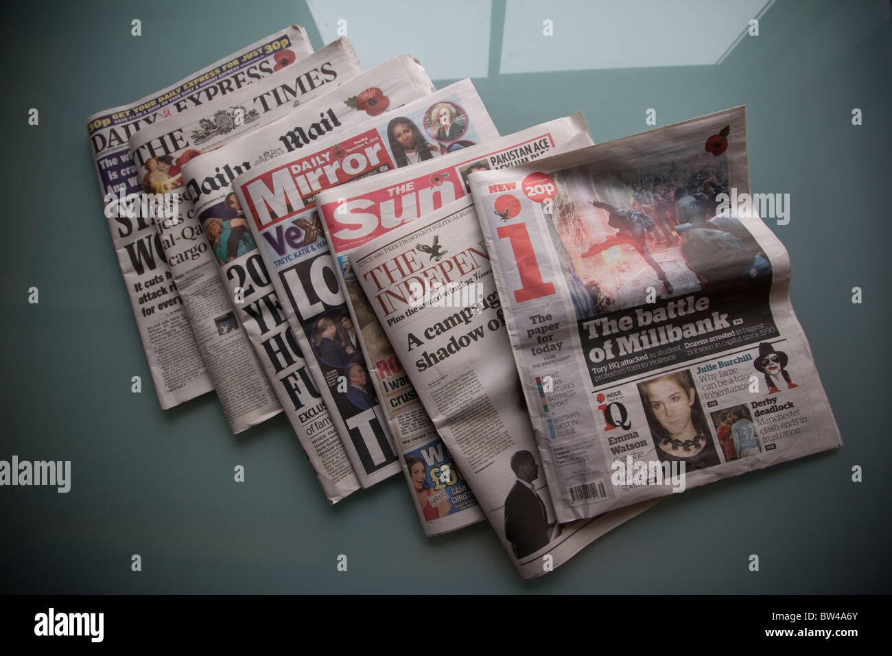 Daily UK tabloid newspapers, daily express, the times, Daily mail, daily mirror, the sun, the independent, i independent, Stock Photo