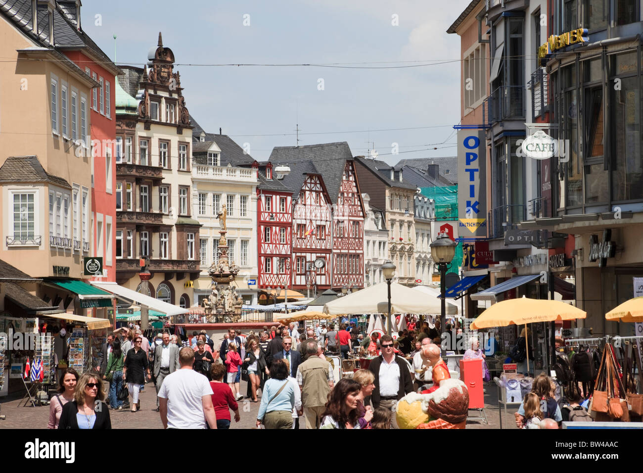 Busy pedestrian street scene in oldest German city. Trier, Rhineland-Palatinate, Germany, Europe. Stock Photo