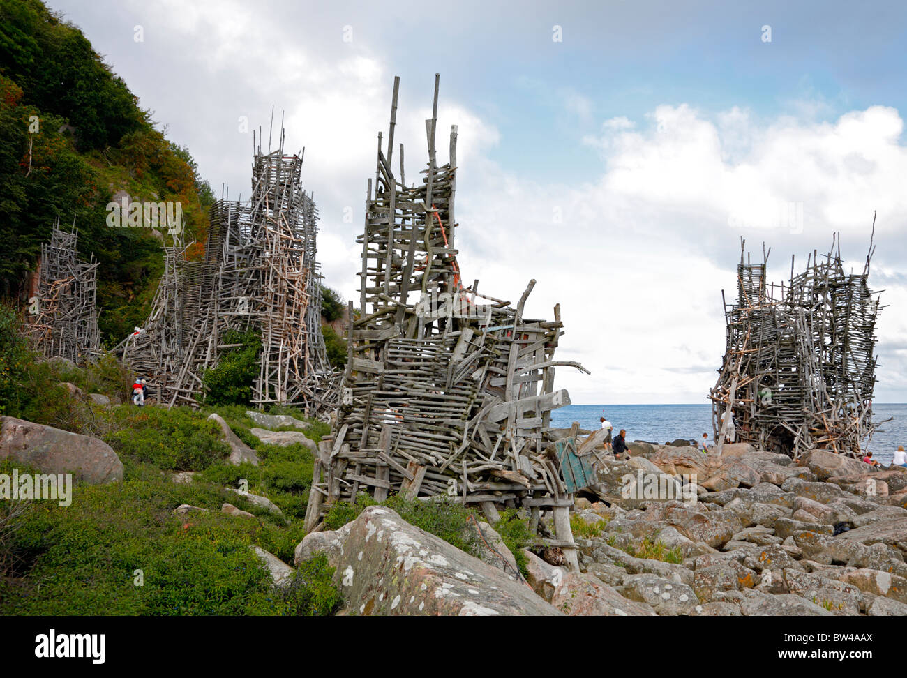 Lars Vilks' famous work of art, Nimis, from 1980 - located in the Kullaberg nature reserve in Höganäs near Mölle, Sweden Stock Photo