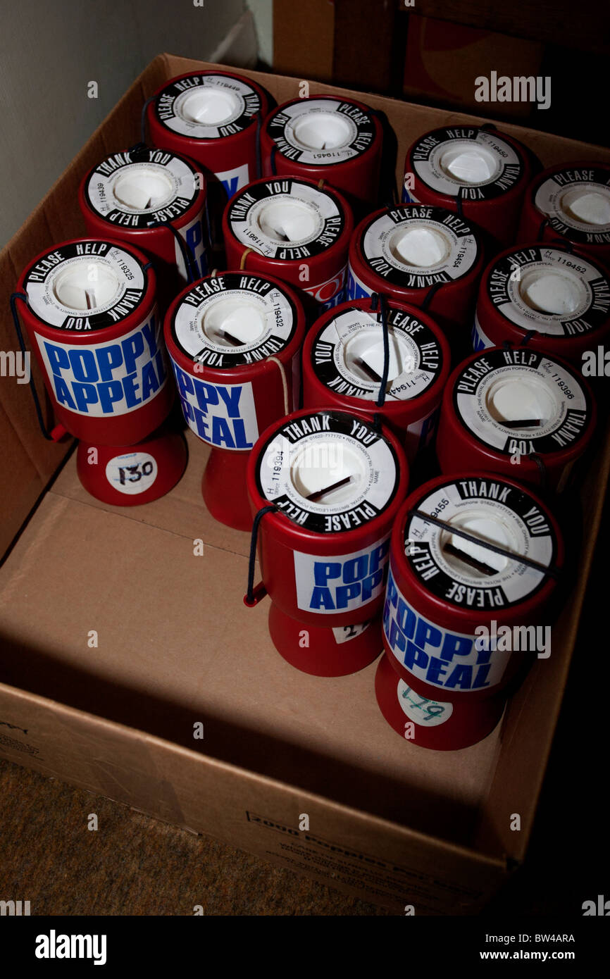 Empty Poppy Appeal charity donating boxes pictured in Lewes, East Sussex, UK. Stock Photo