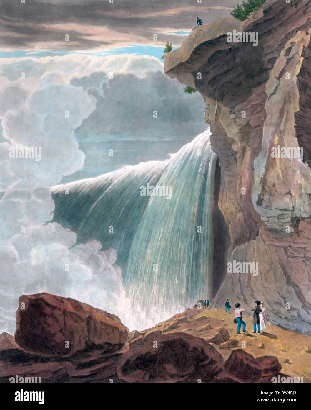 Niagara Falls from under the table rock, circa 1835 Stock Photo