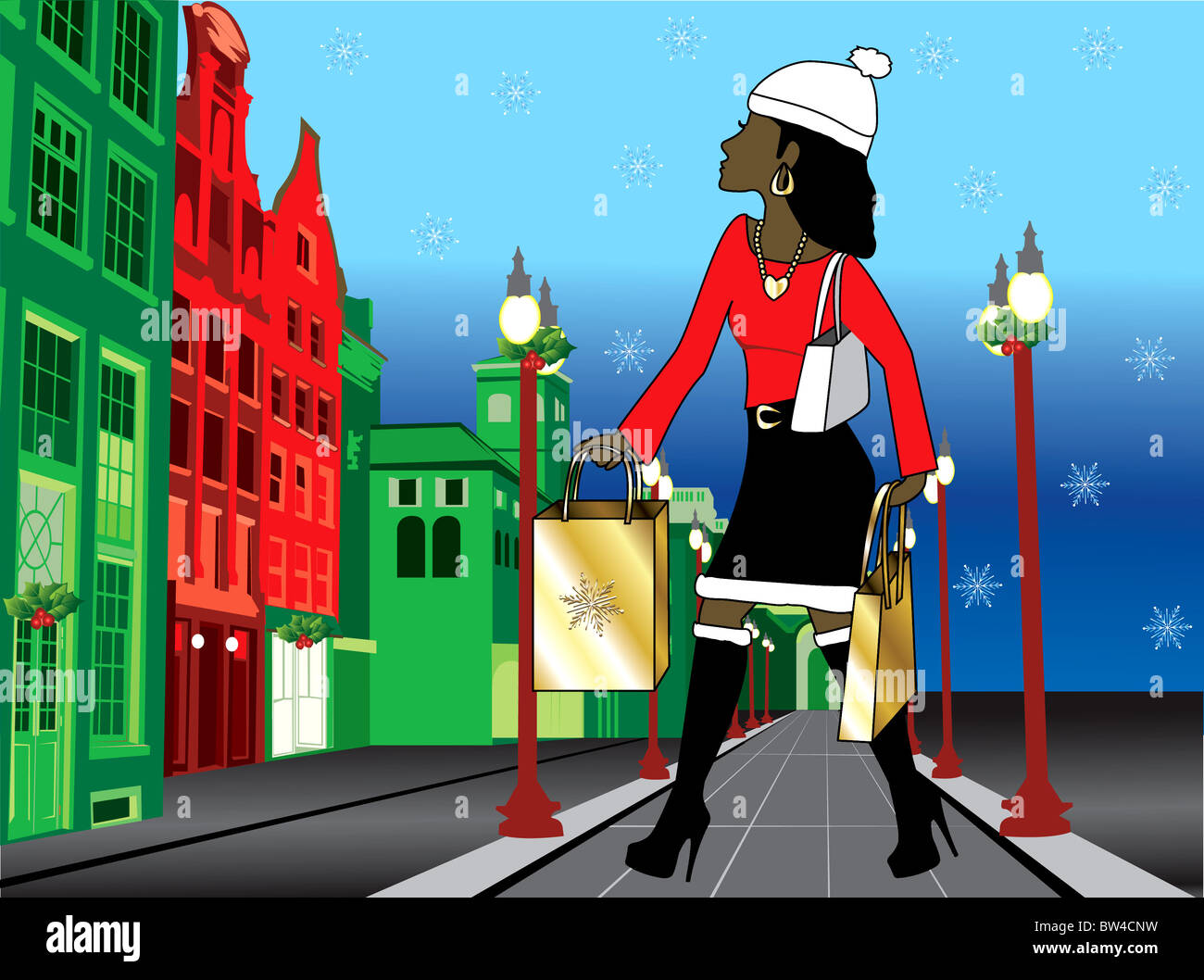 Vector Illustration of a black woman Christmas shopping with bags ...