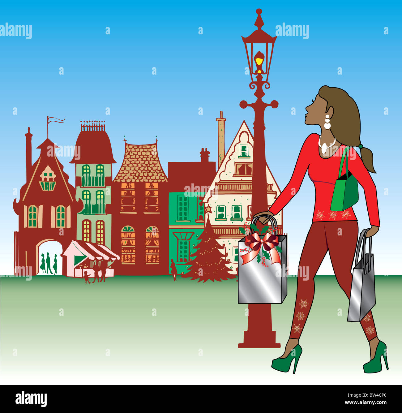 Vector Illustration of brunette woman Christmas shopping with bags ...
