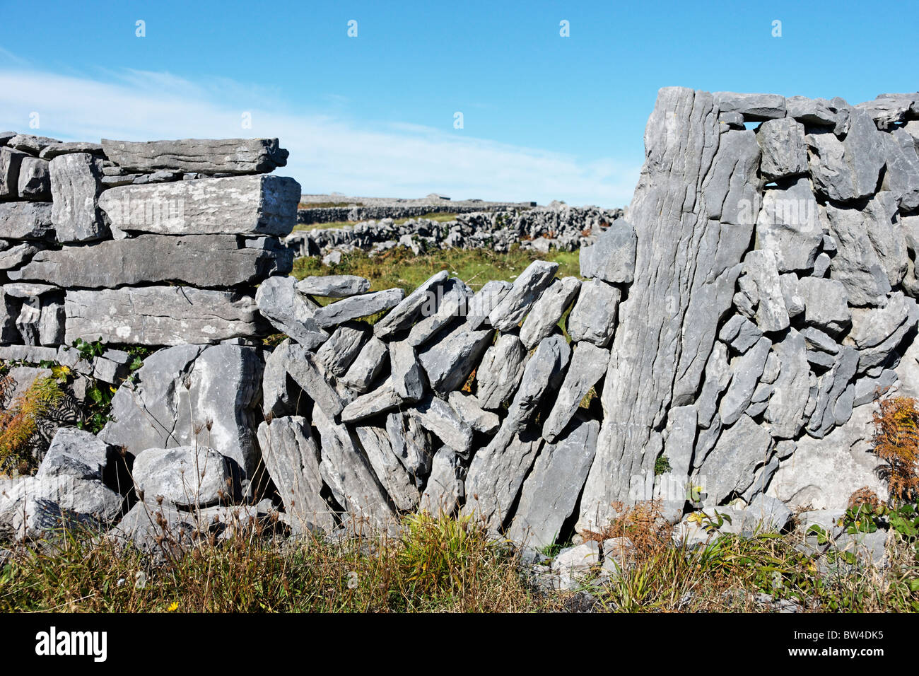 Stone gate and dry stone wall on Inis Meain, Aran Islands, County Galway, Connaught, Ireland. Stock Photo
