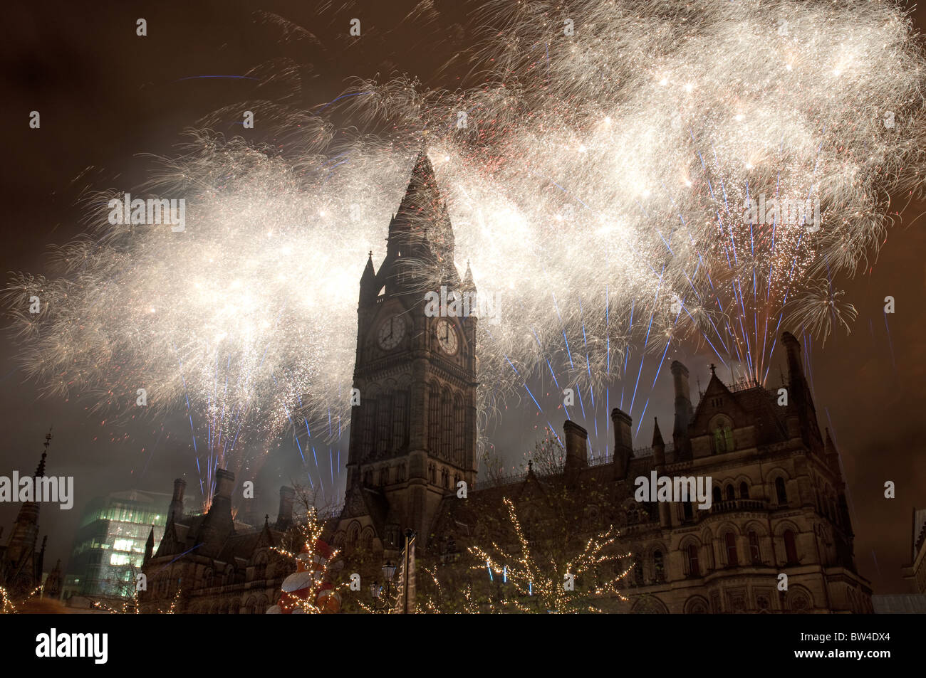 Firework display Manchester Town Hall, finale of Manchester's Christmas lights switchon event