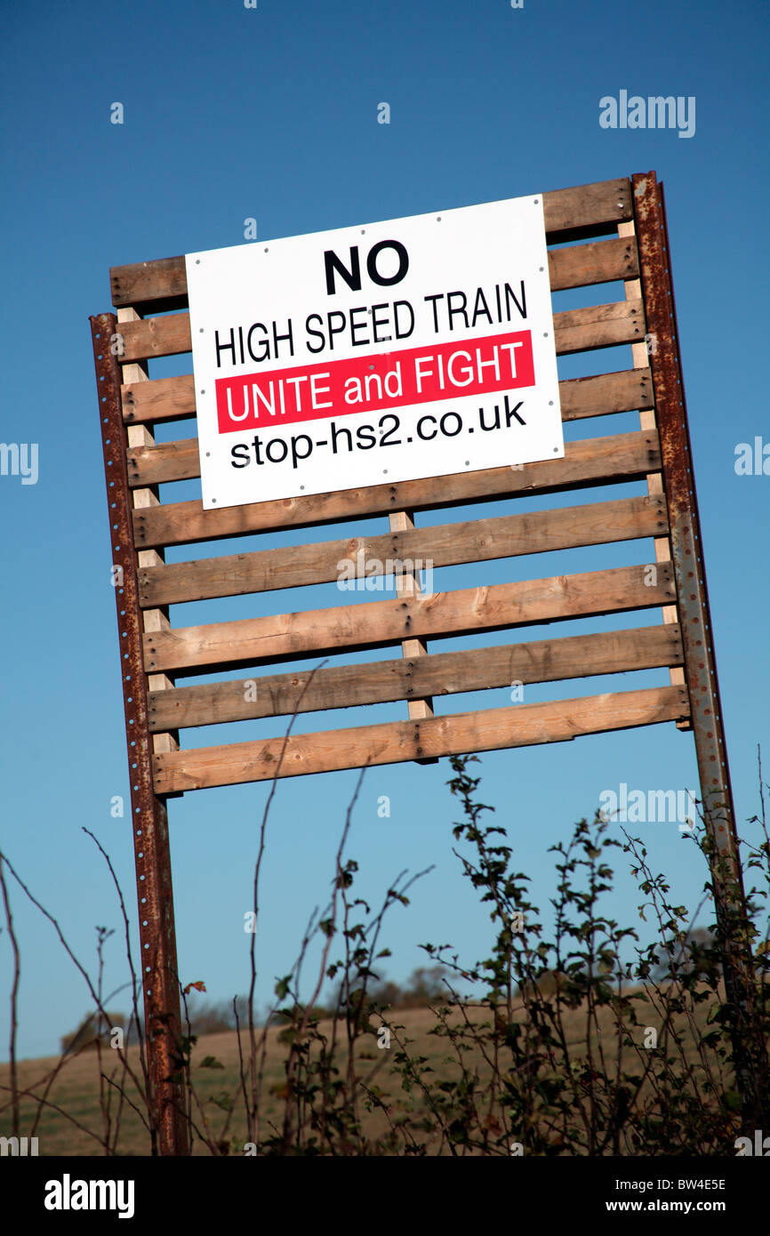 No to HS2 High Speed Train Line Protest Sign on a road where the line will cross; Fosse Way, Warwickshire Stock Photo