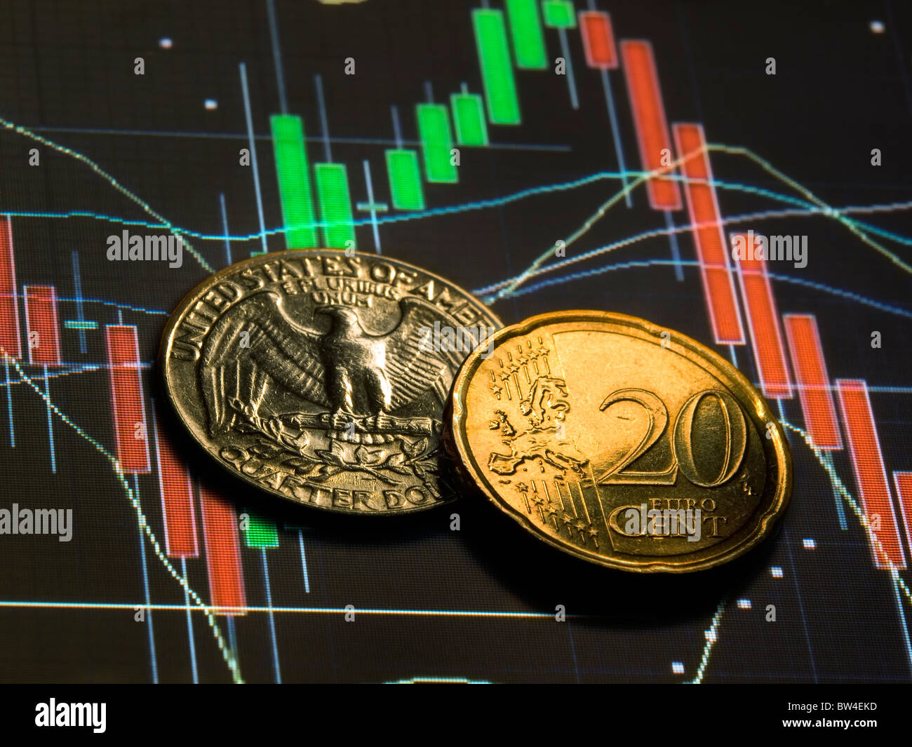Approximately the same value of coins of two main competitor in the foreign exchange currency market. Stock Photo