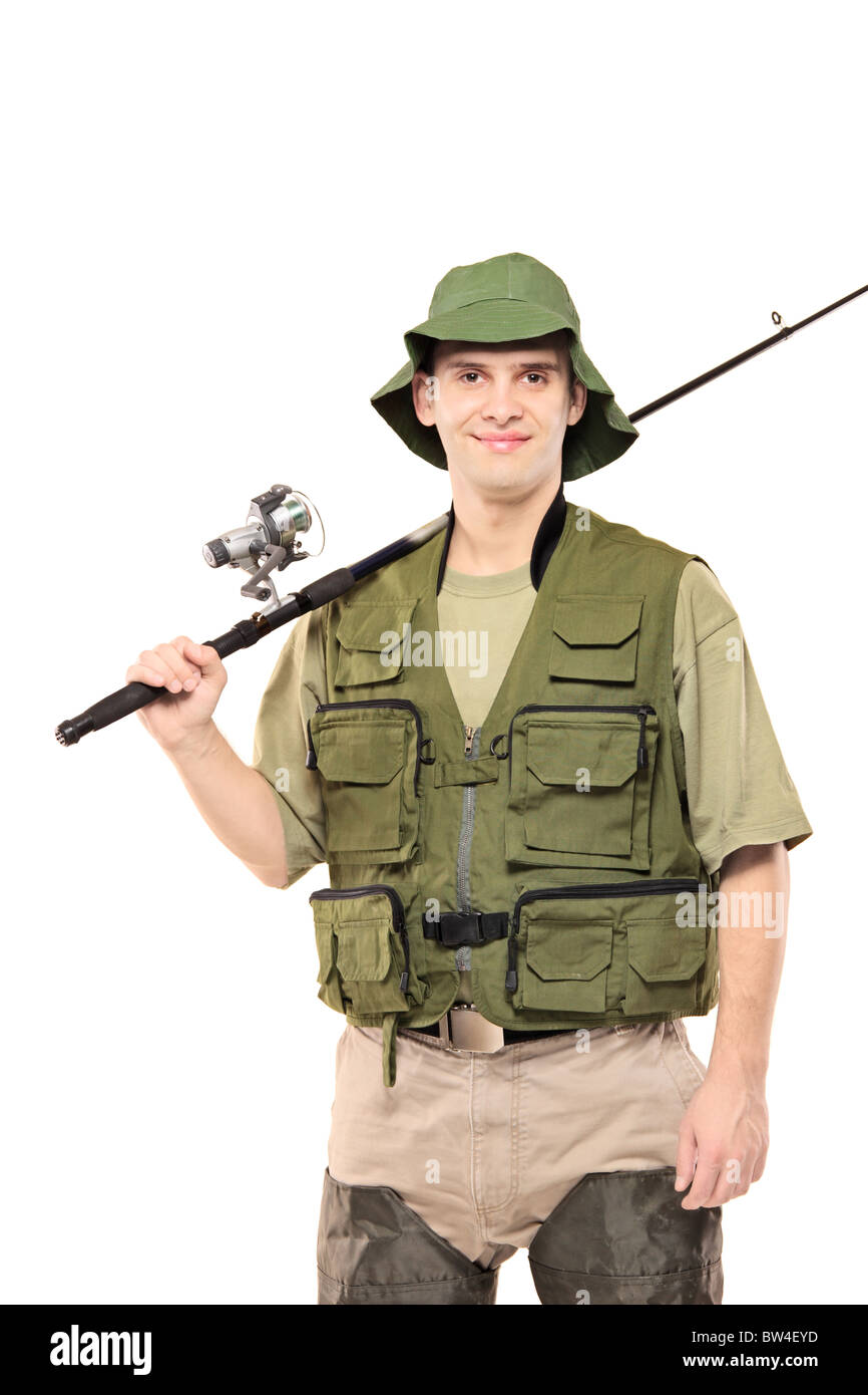 A portrait of a fisherman with fishing pole on his shoulder Stock Photo -  Alamy