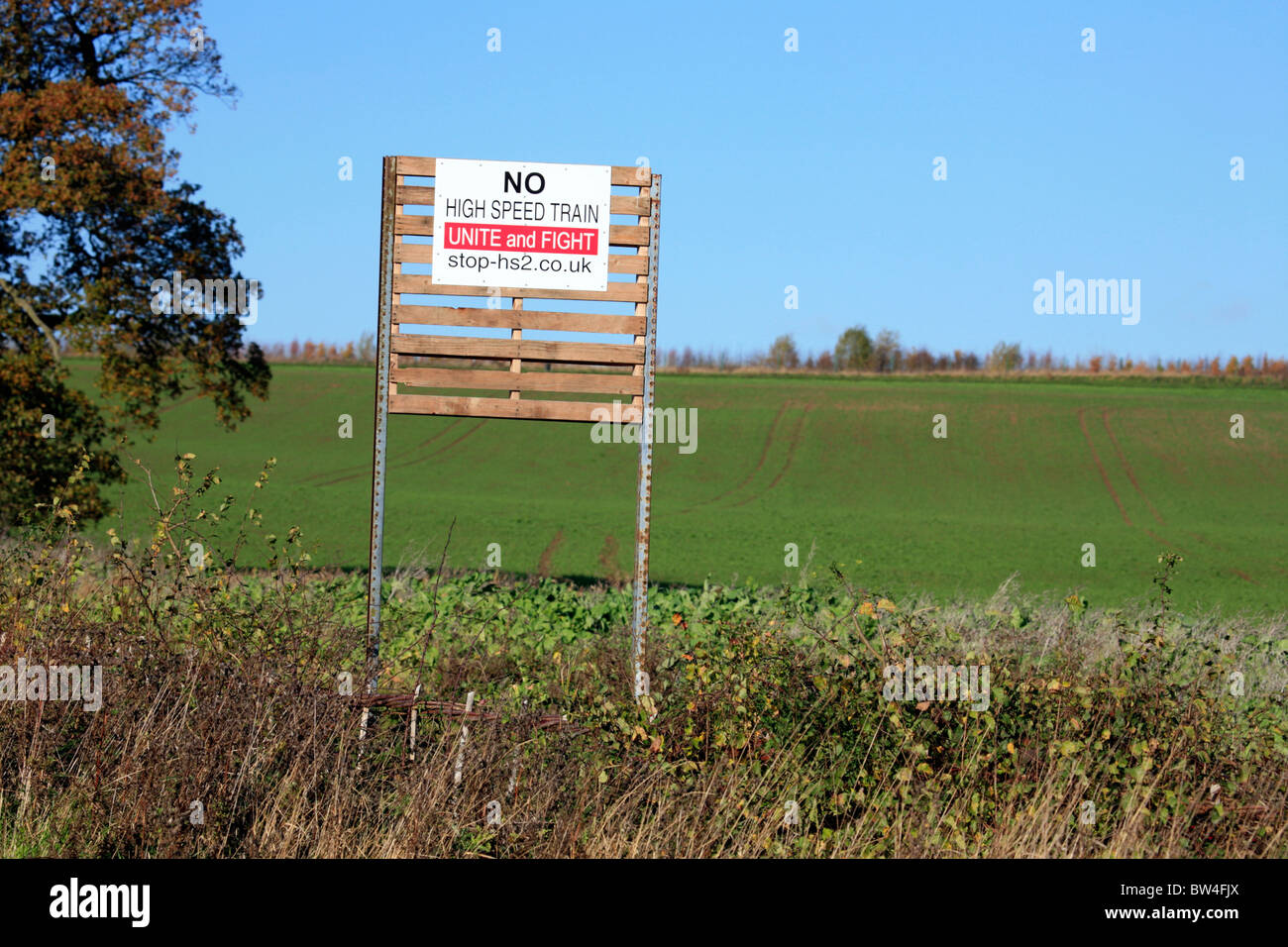 No to HS2 High Speed Train Line Protest Sign on a road where the line will cross Stock Photo