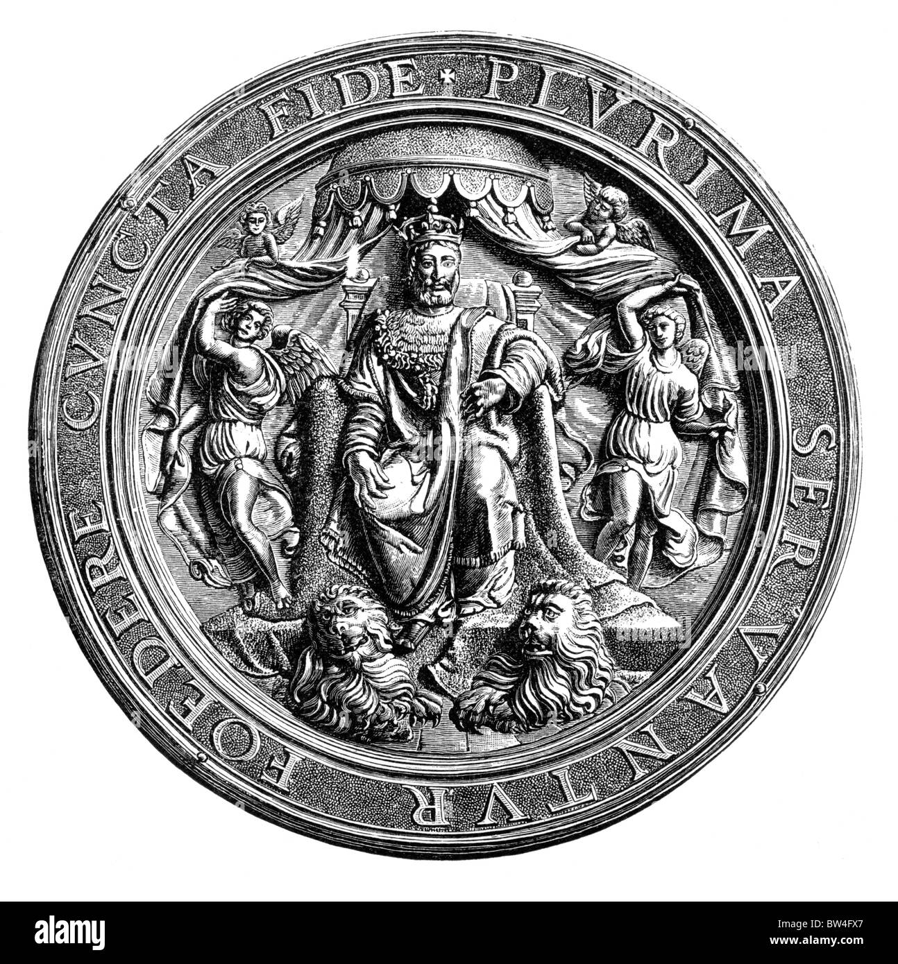 Gold seal made by Benvenuto Cellini for King Francis I of France; Black and White Illustration; Stock Photo