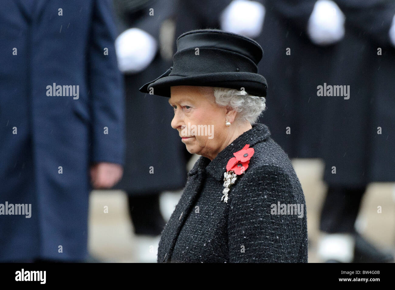 HM Queen Elizabeth II attends the Remembrance Sunday Memorial Service at the Cenotaph, Whitehall, London, November 14th 2010. Stock Photo