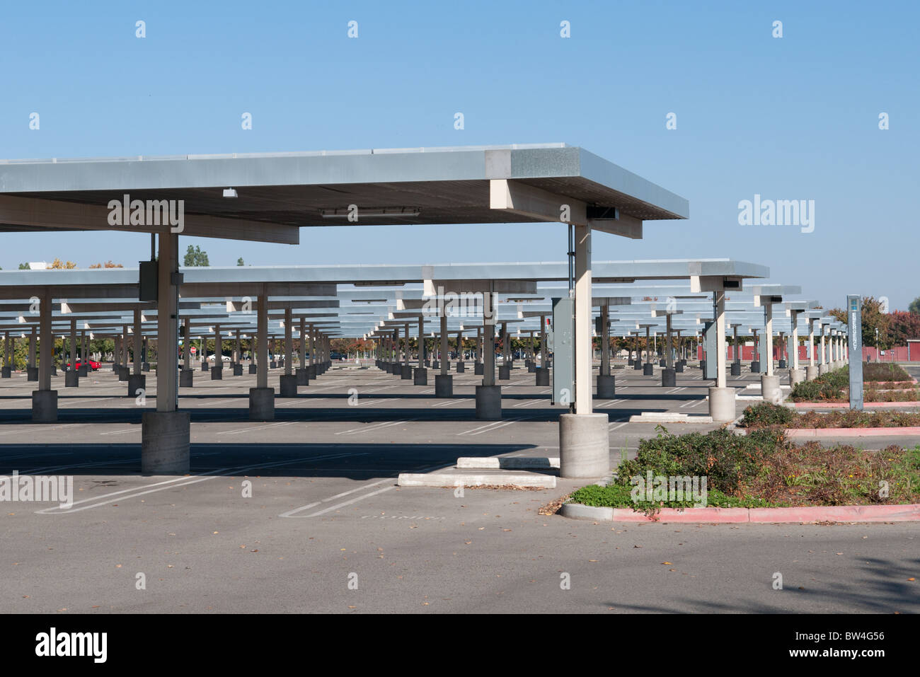 Parking lot at California State University Fresno with a 1.1 megawatt solar power generation system  provides 20% of the power Stock Photo