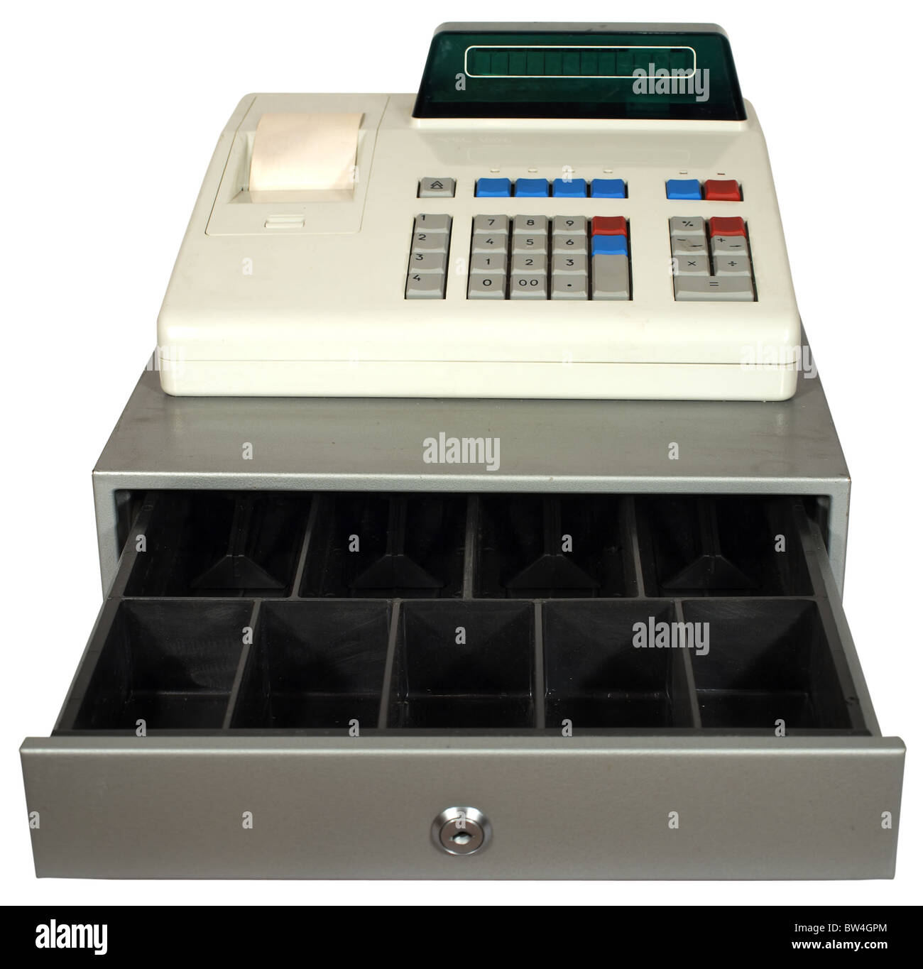 Cash register on a white background. Drawer is open and empty Stock