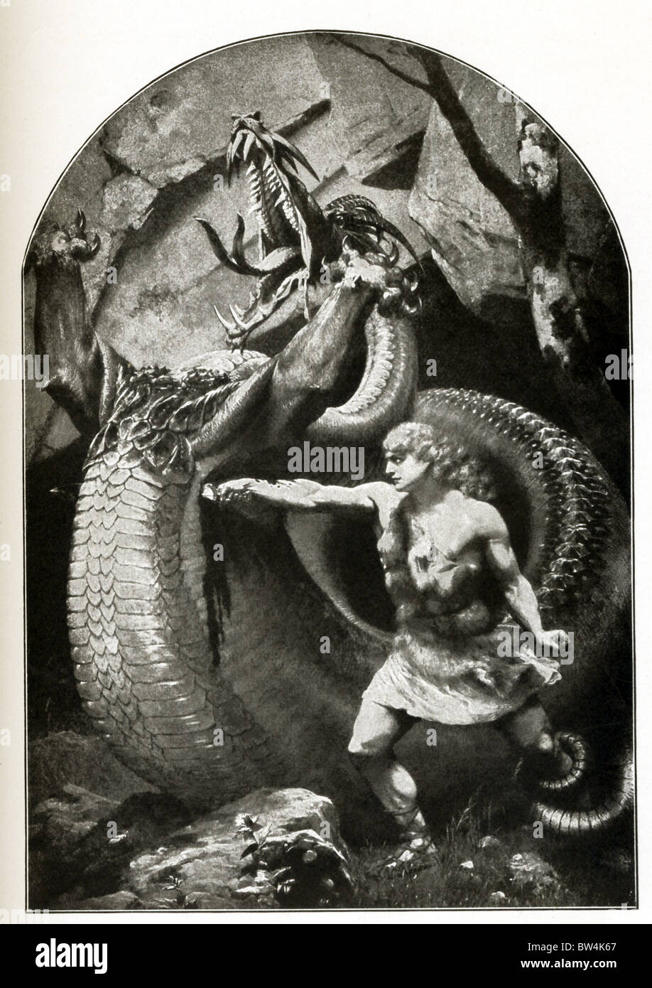 Siegfried, the famed hero of German mythology and son of King Siegmund, killed  the dragon Fafnir and won Brunhild. Stock Photo