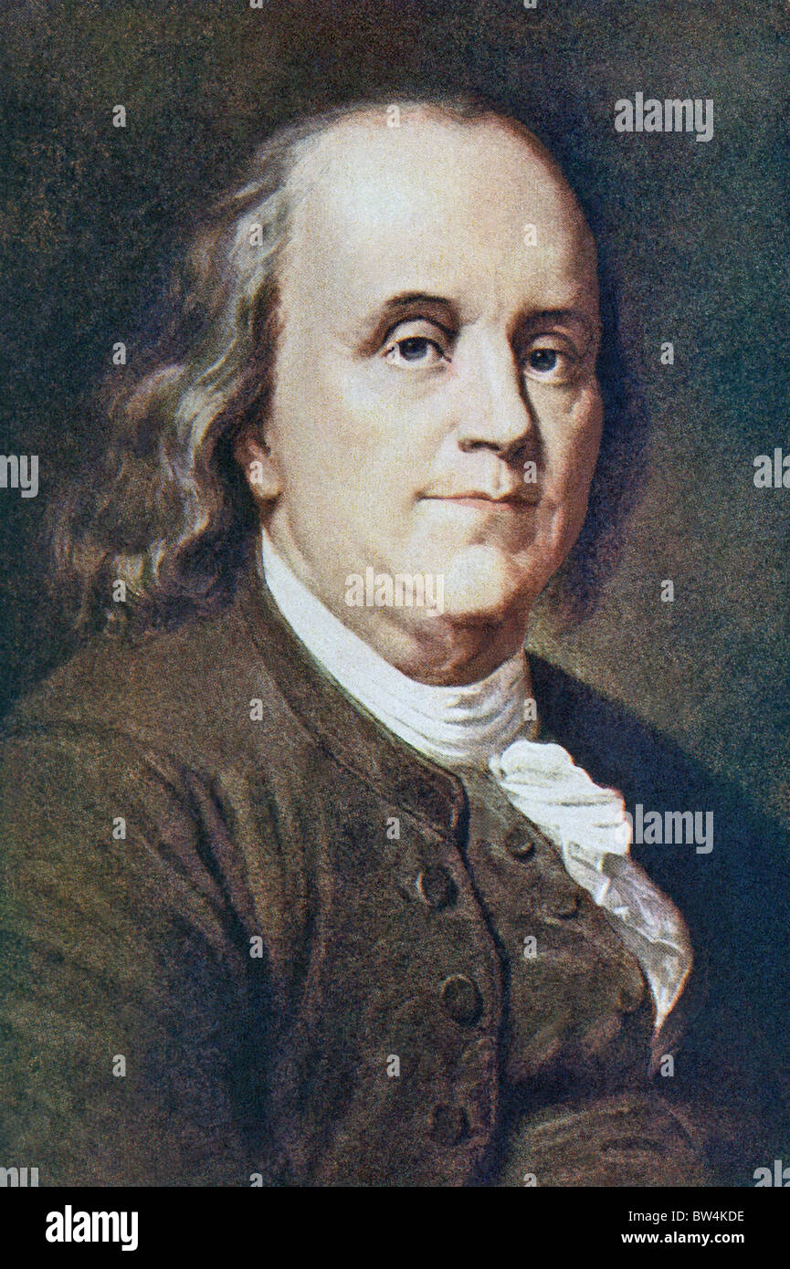 American statesman, printer, scientist, and writer Benjamin Franklin (1706-1790) helped draft the Declaration of Independence. Stock Photo