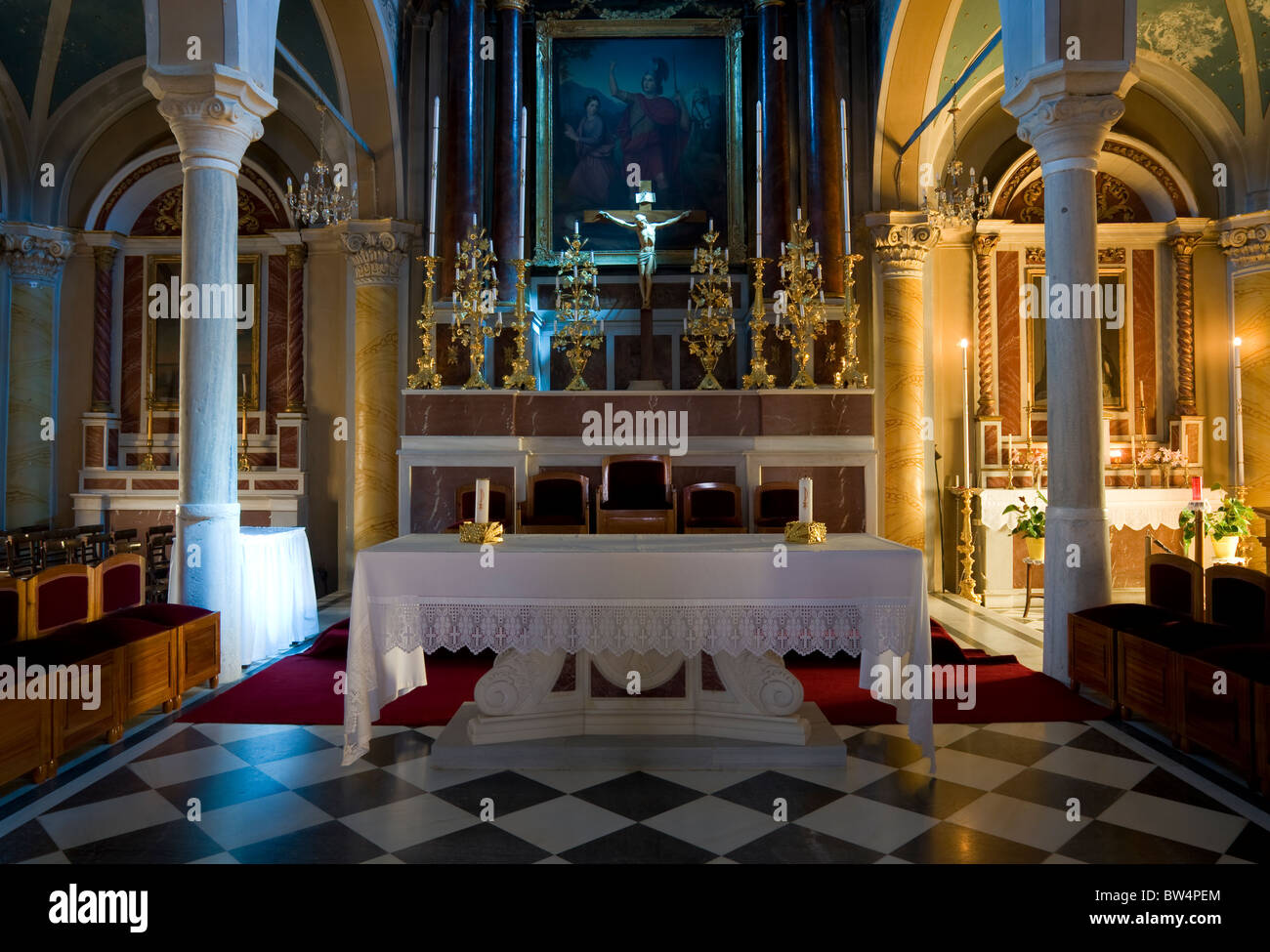 Interior of St-George Catholic Church in Ano Syros, on the Greek Cyclade island of Syros. Stock Photo
