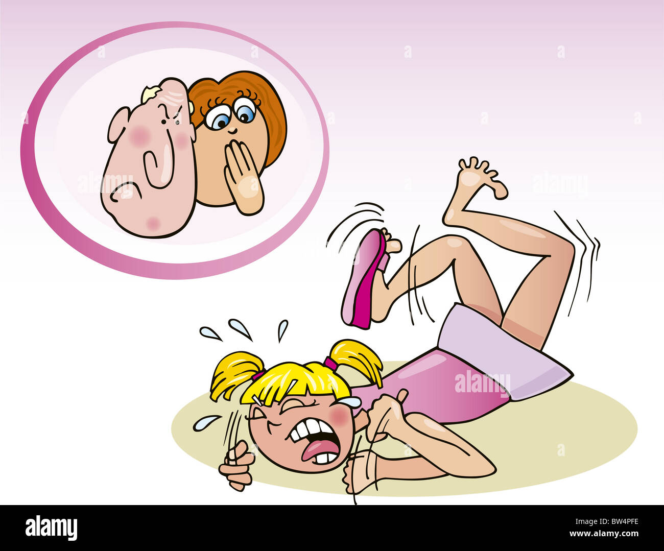 Cartoon illustration of naughty girl and her parents Stock Photo - Alamy