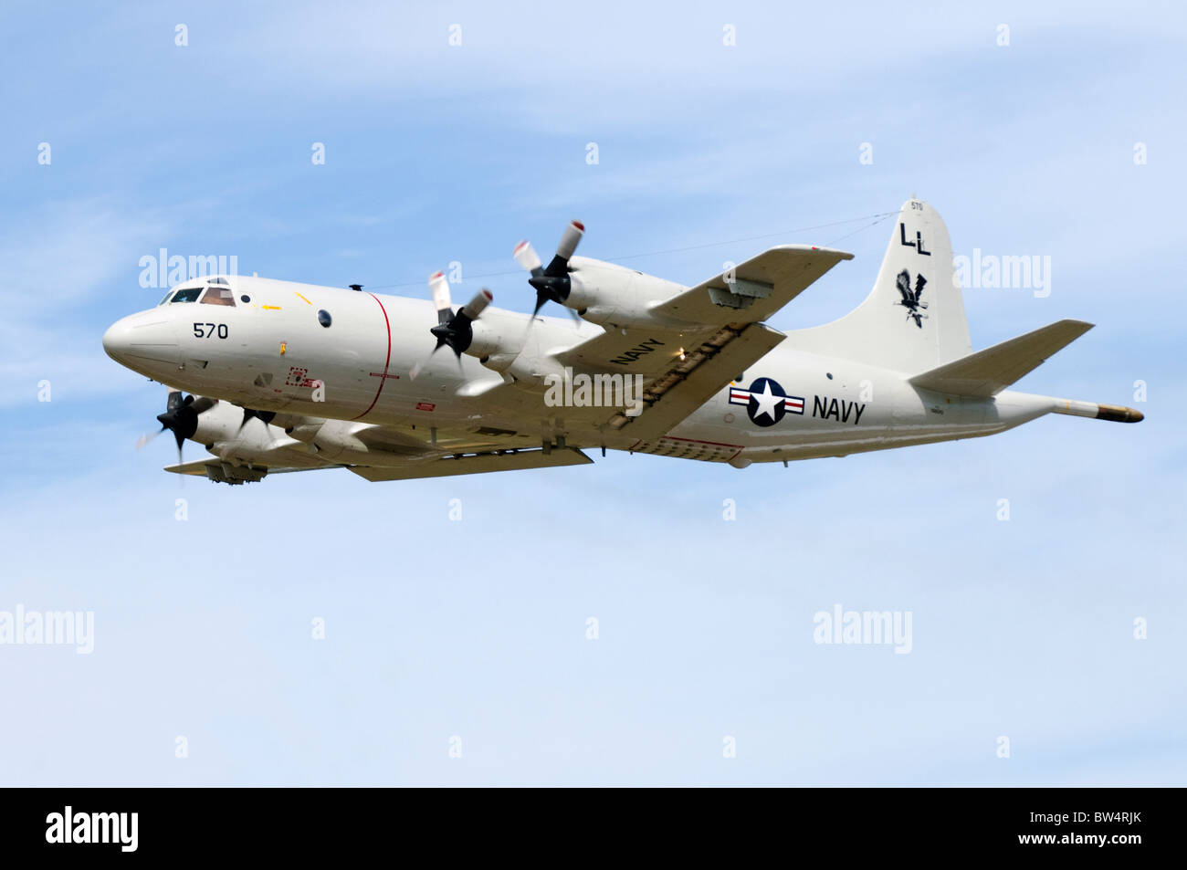 P-3C Orion operated by the US Navy climbing out after take off from RAF Fairford Stock Photo