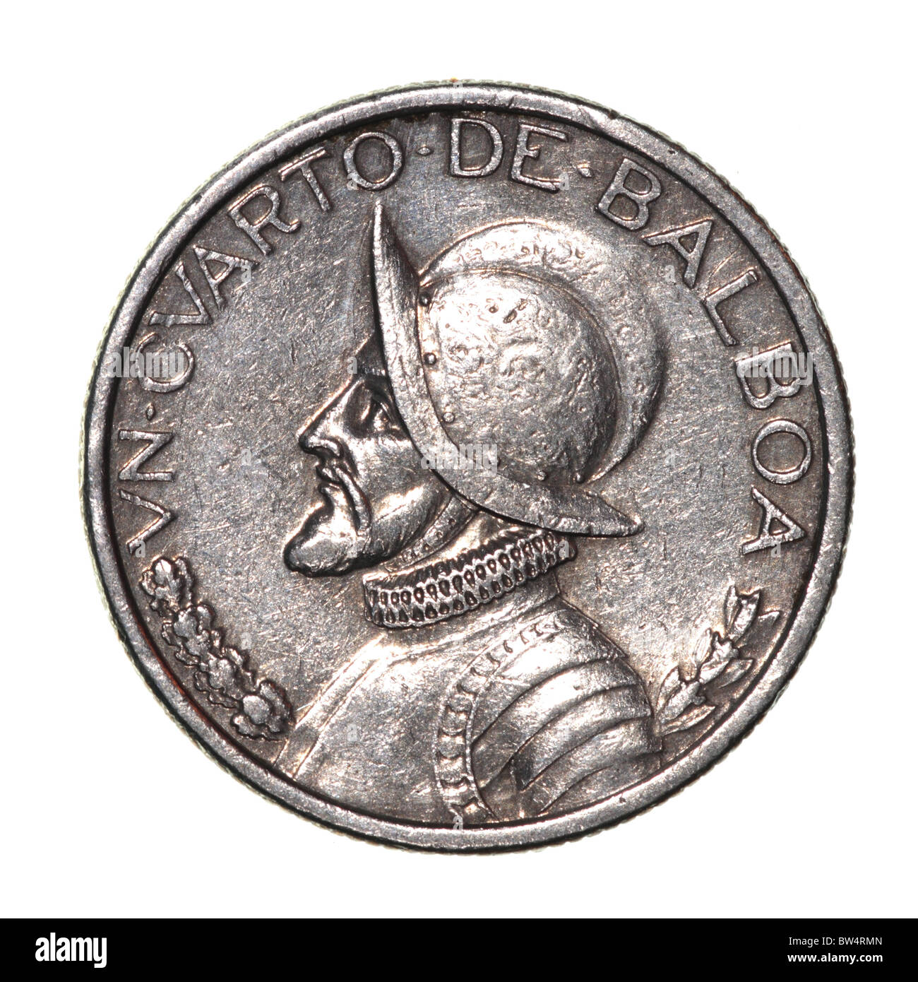 Obverse of a Panamanian quarter Balboa Coin featuring the portrait of Vasco Núñez de Balboa, conquistador. Macro image isolated on a white background. Stock Photo