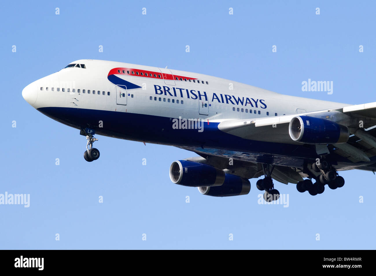 British Airways Boeing 747 Jumbo Jet on approach for landing at London Heathrow Airport Stock Photo