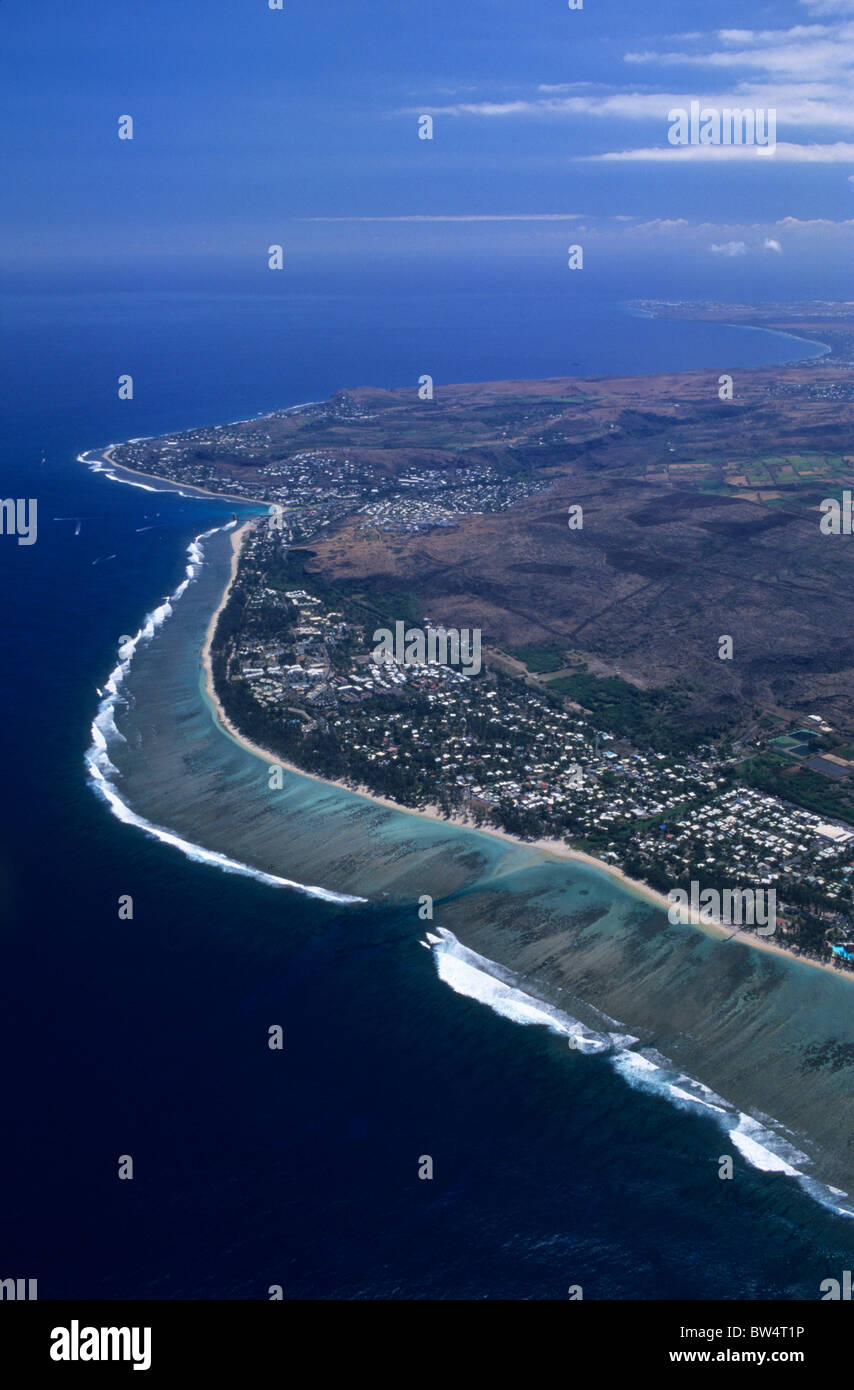 Aerial view of lagoon west coast near L'Hermitage les Bains, Reunion ...