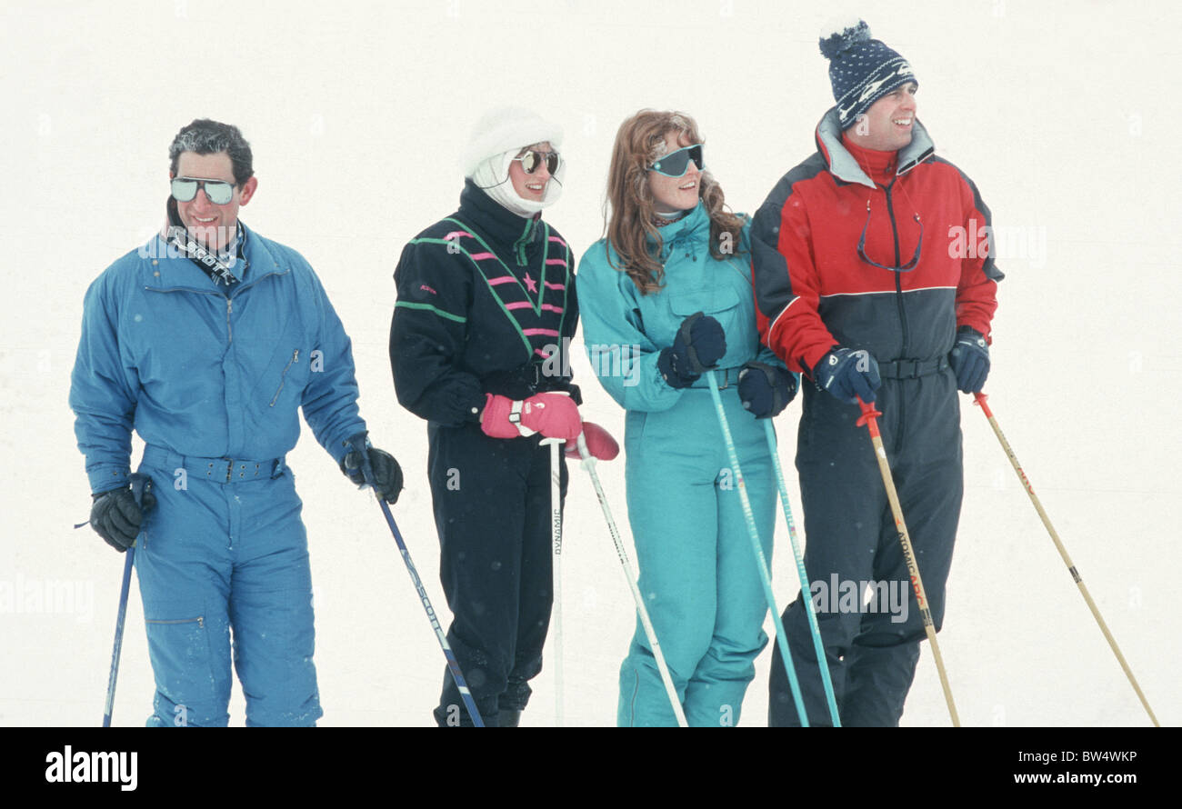LtoR Prince Charles, Princess Diana, Sarah Ferguson and Prince Andrew enjoy a skiing holiday in Klosters, Switzerland 1989 Stock Photo