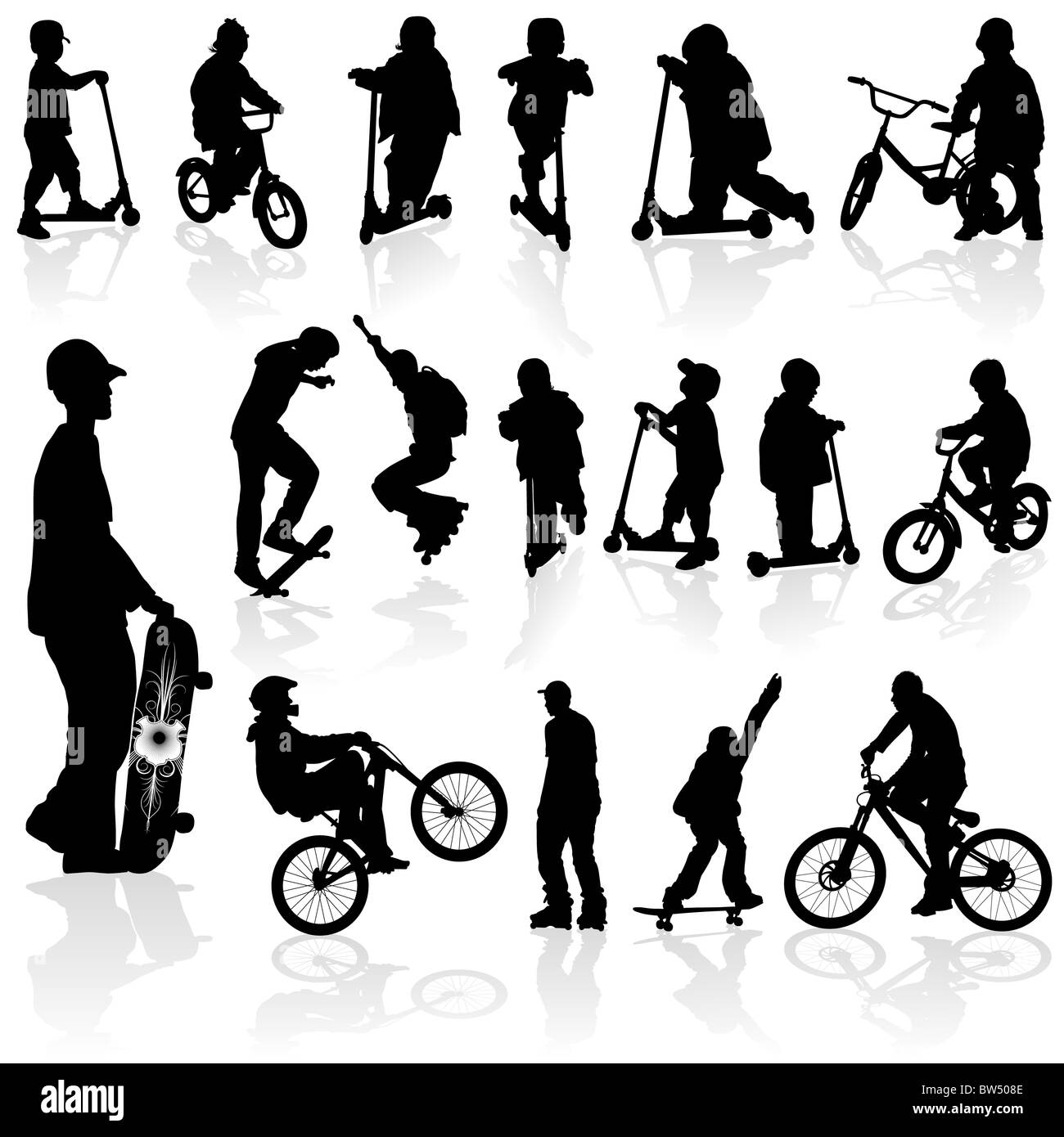 Extreme silhouettes children and man on roller, bicycle, skateboard, vector illustration Stock Photo