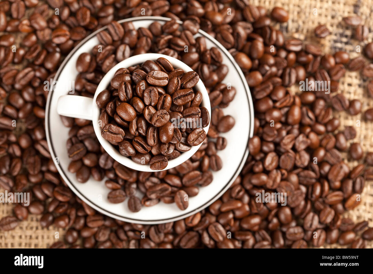 Espresso cup full with coffee beans. In background are more coffee beans visible. Stock Photo