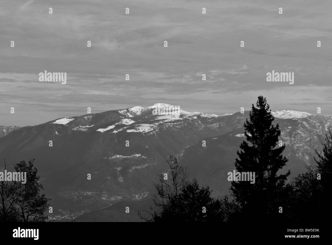 landscape of the Dolomites mountains in the foreground signs for trails Stock Photo